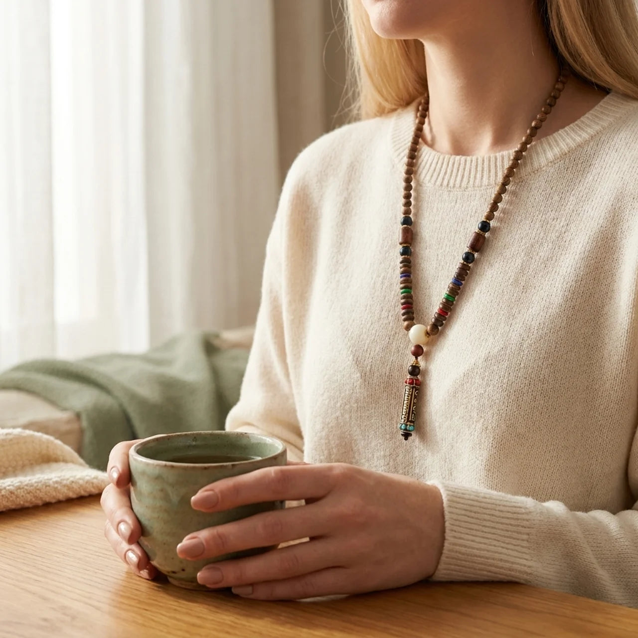 Wenge Wood Dzi Bead Mantra Pendant Necklace