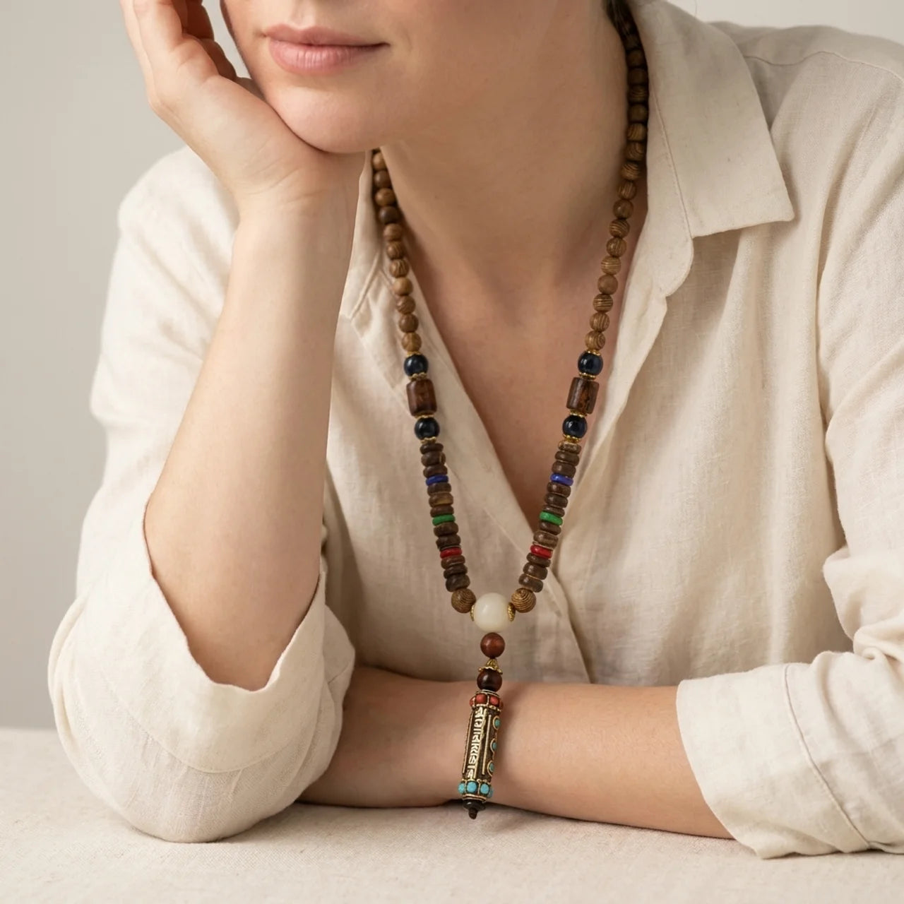 Wenge Wood Dzi Bead Mantra Pendant Necklace
