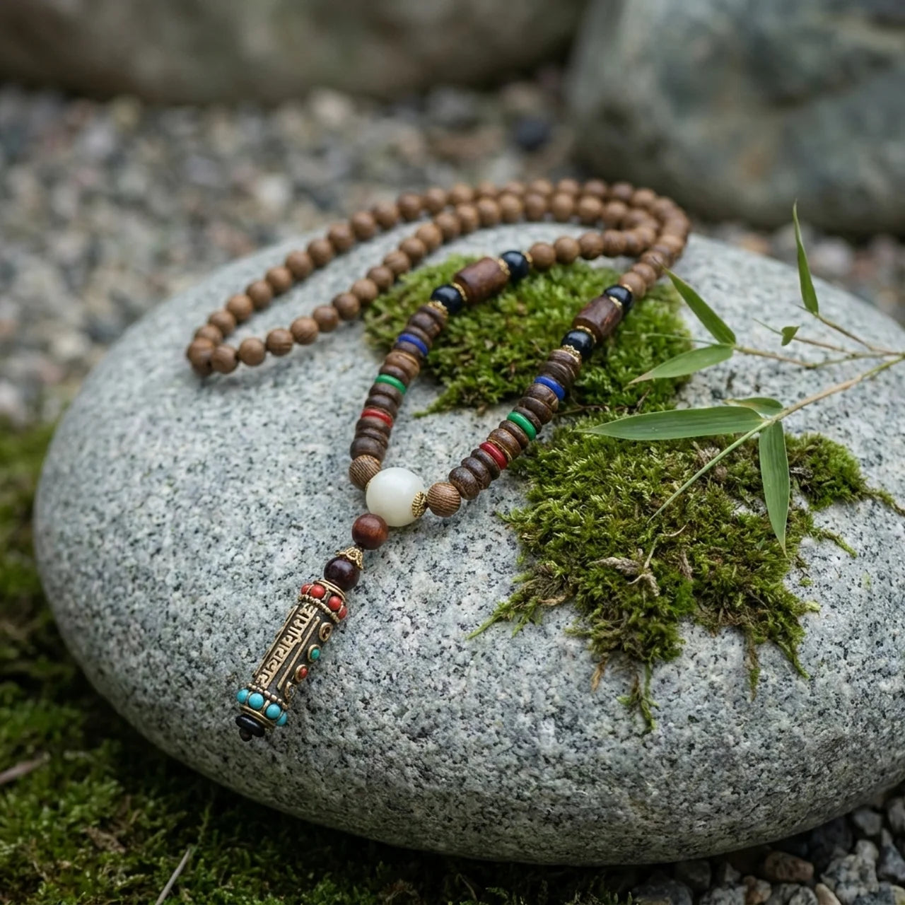 Wenge Wood Dzi Bead Mantra Pendant Necklace