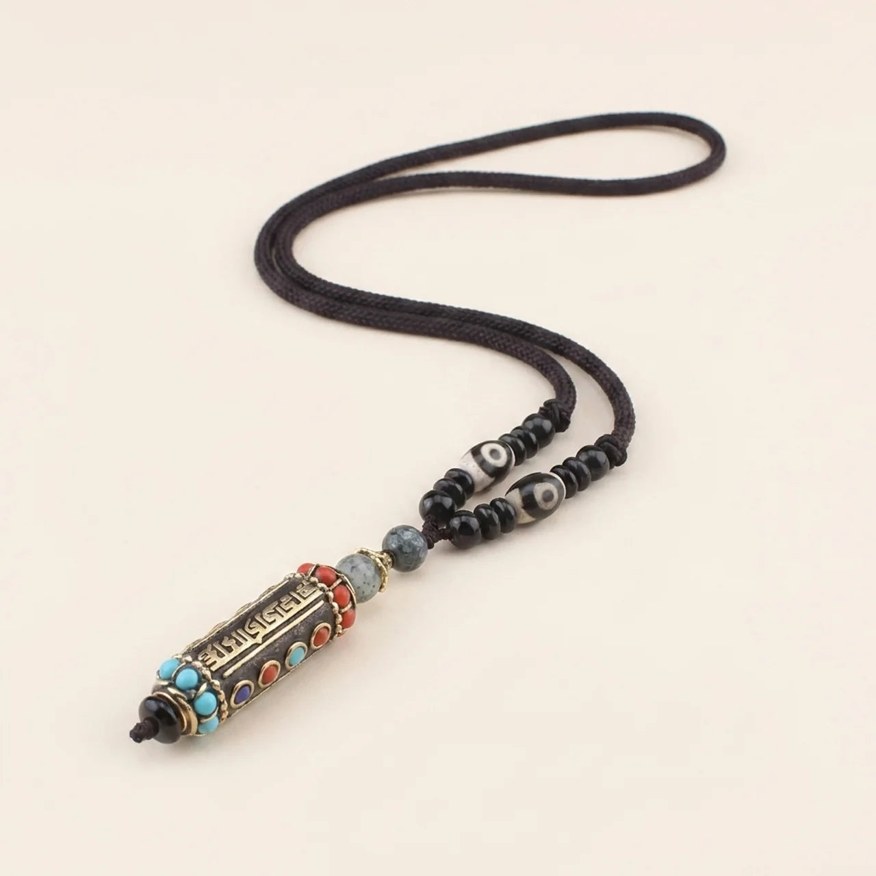 Wenge Wood Dzi Bead Mantra Pendant Necklace