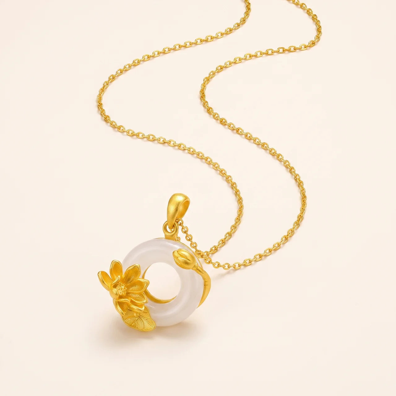 White Chalcedony Lotus Peace Buckle Pendant Necklace