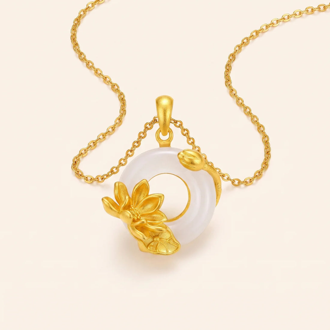White Chalcedony Lotus Peace Buckle Pendant Necklace