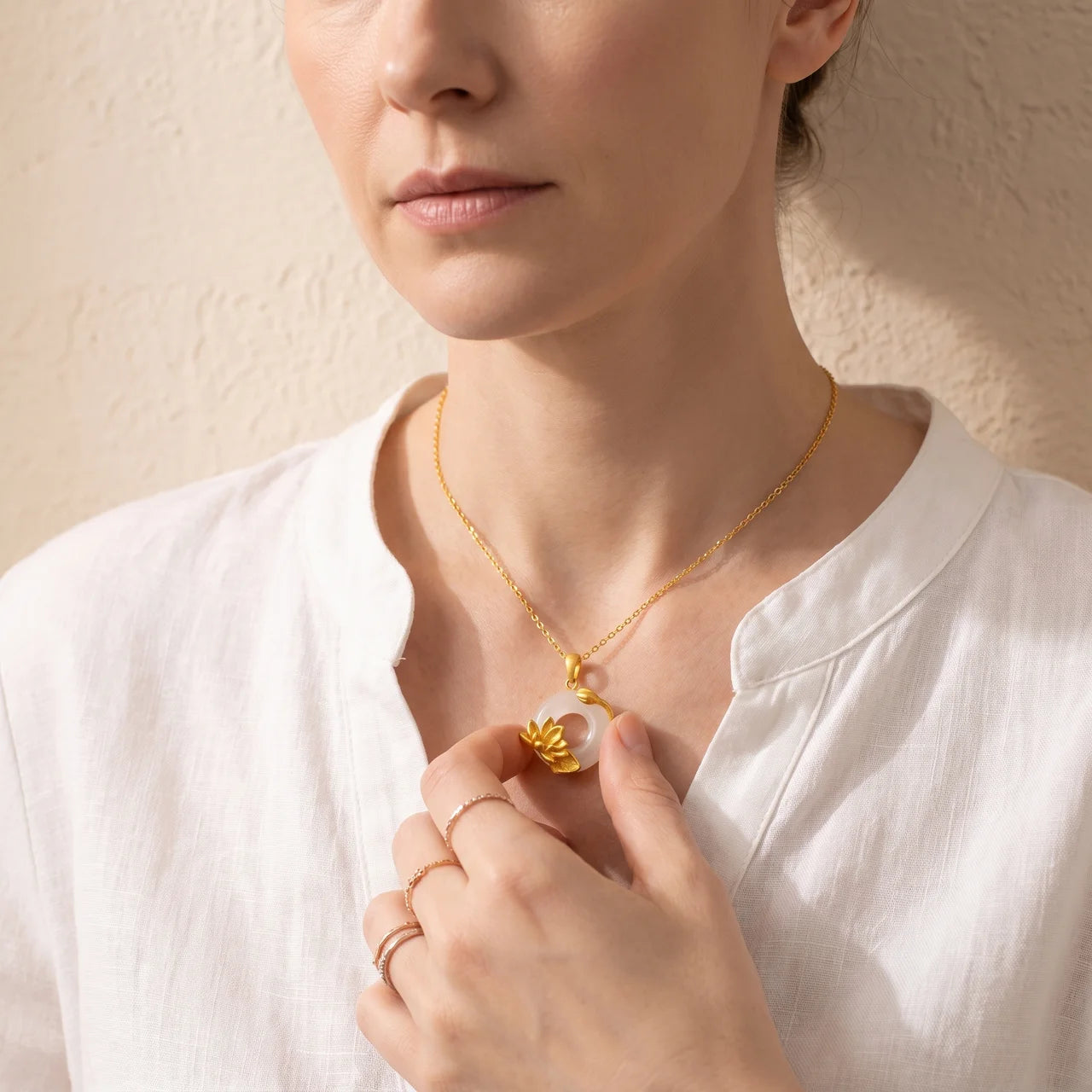 White Chalcedony Lotus Peace Buckle Pendant Necklace