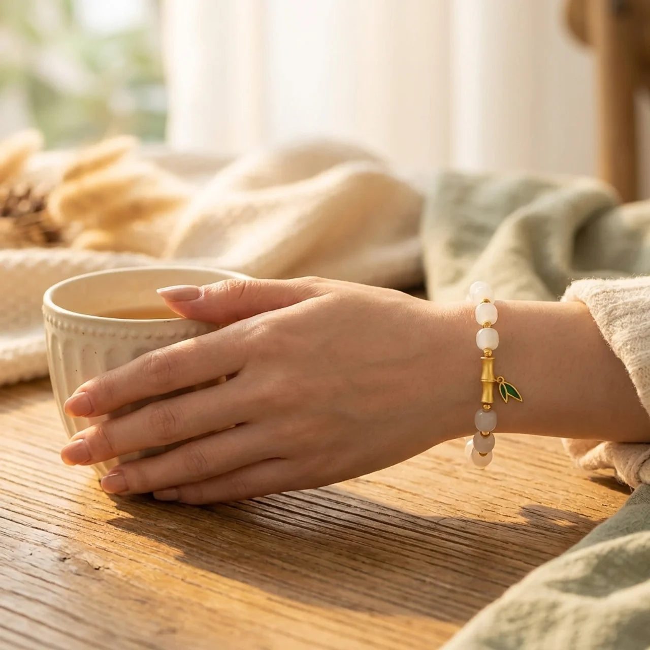 White Jade Bamboo Beaded Bracelet