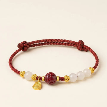 White Jade Cinnabar Lotus Red String Bracelet