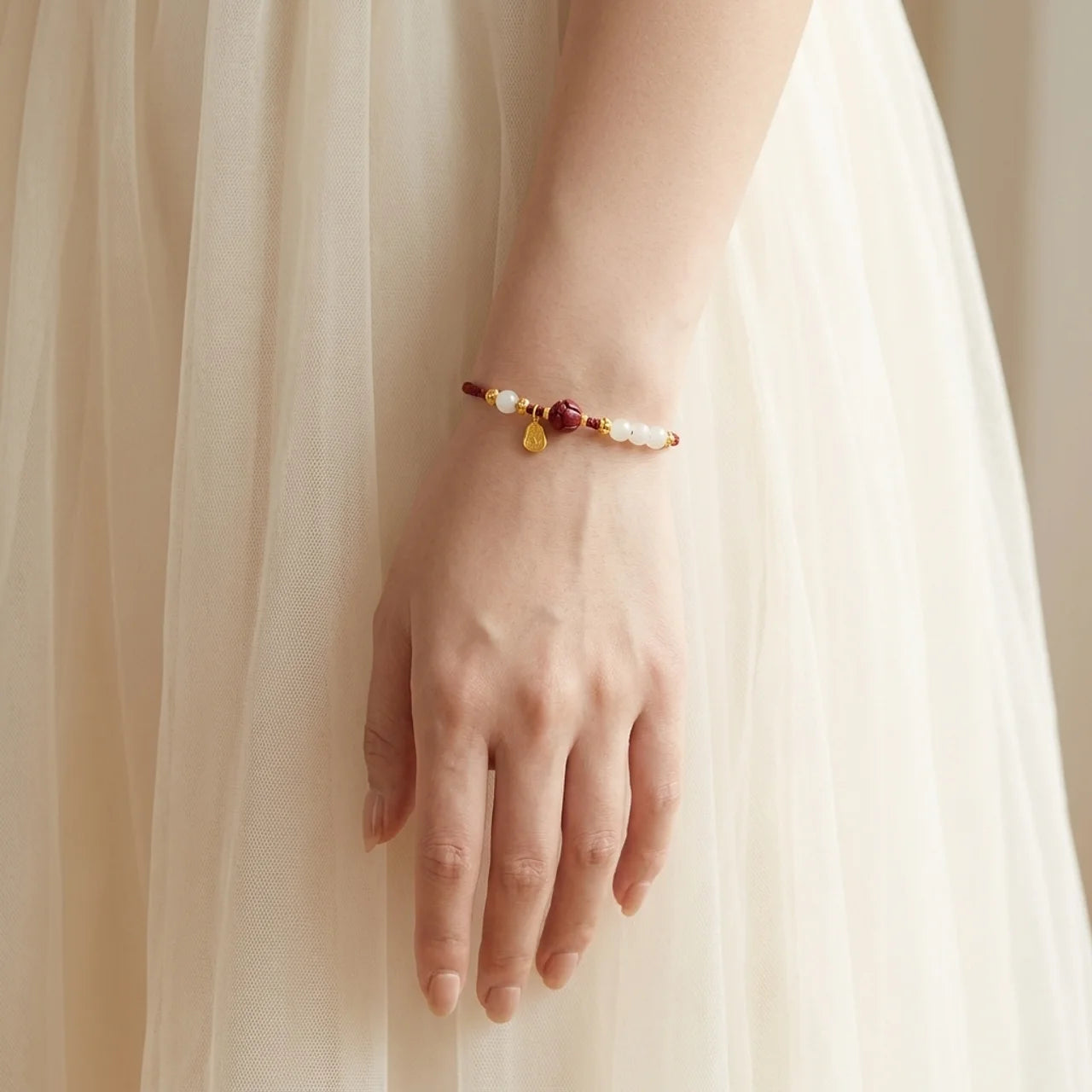 White Jade Cinnabar Lotus Red String Bracelet