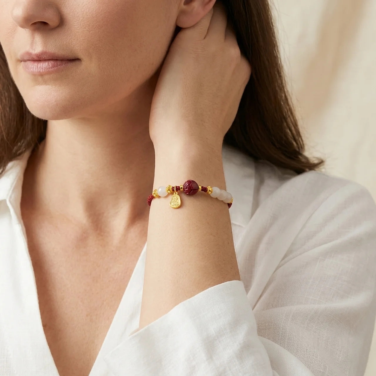 White Jade Cinnabar Lotus Red String Bracelet