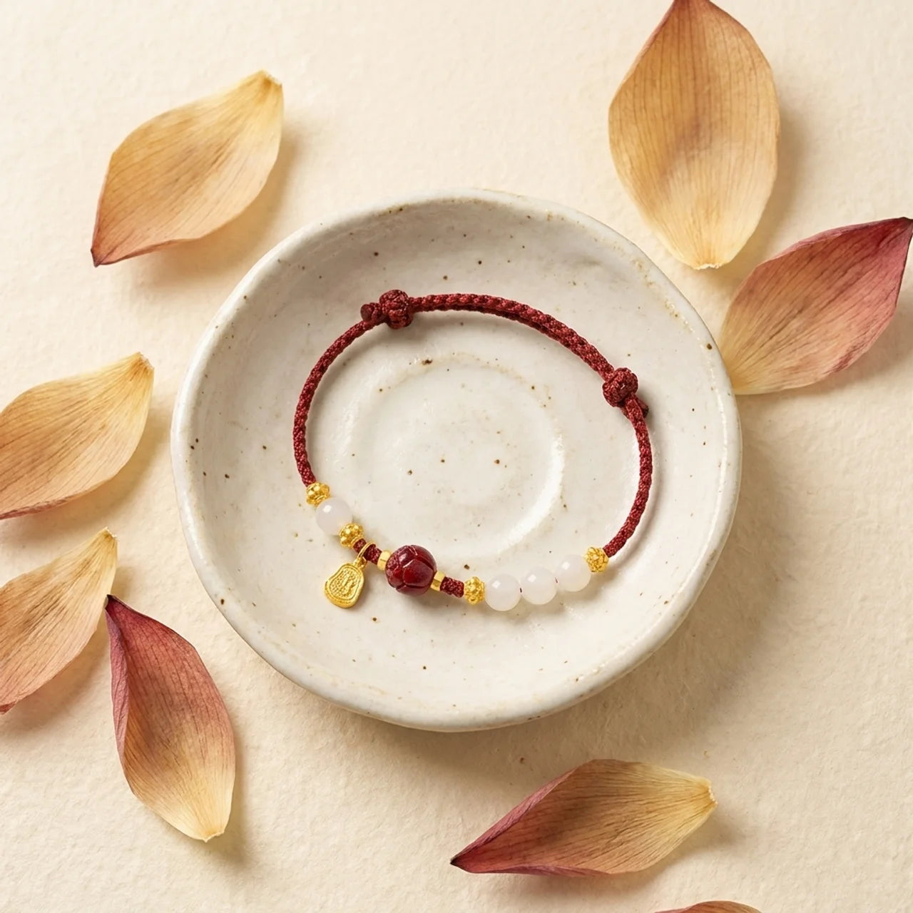 White Jade Cinnabar Lotus Red String Bracelet