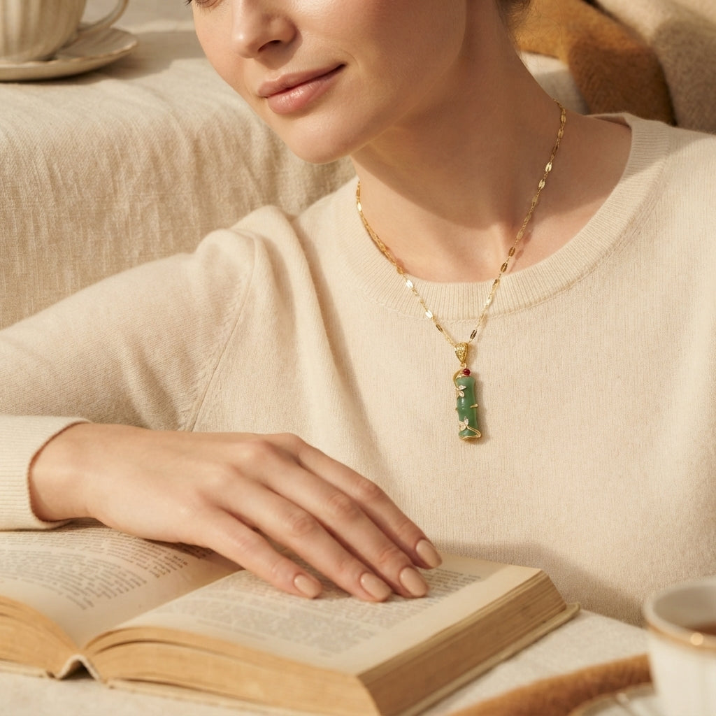White Jade Cyan Jade Bamboo Pendant Necklace
