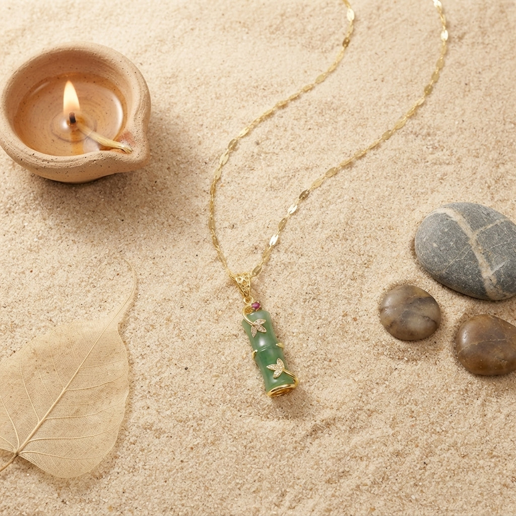 White Jade Cyan Jade Bamboo Pendant Necklace