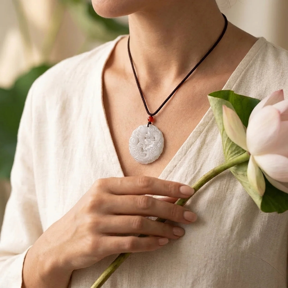 White Jade Dragon Protection Pendant Necklace