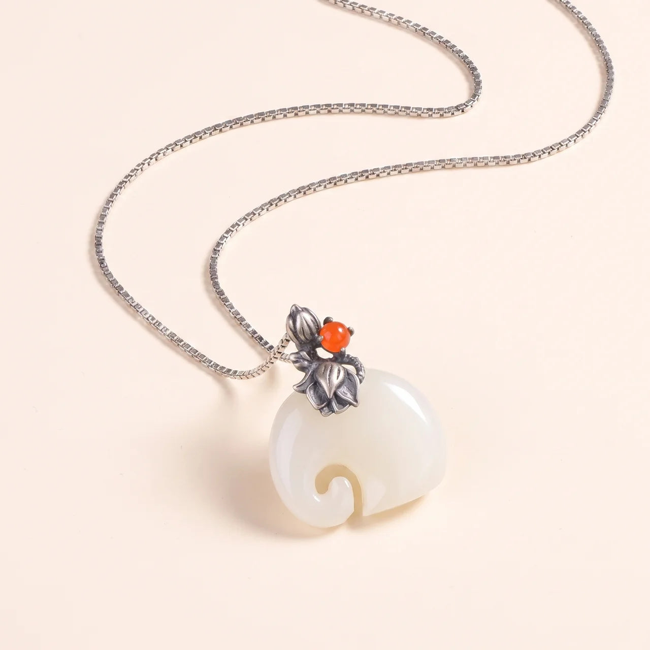 White Jade Elephant Lotus Pendant Necklace