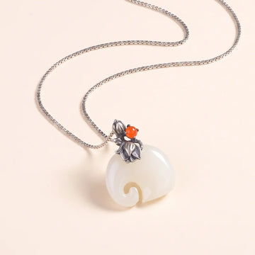 White Jade Elephant Lotus Pendant Necklace