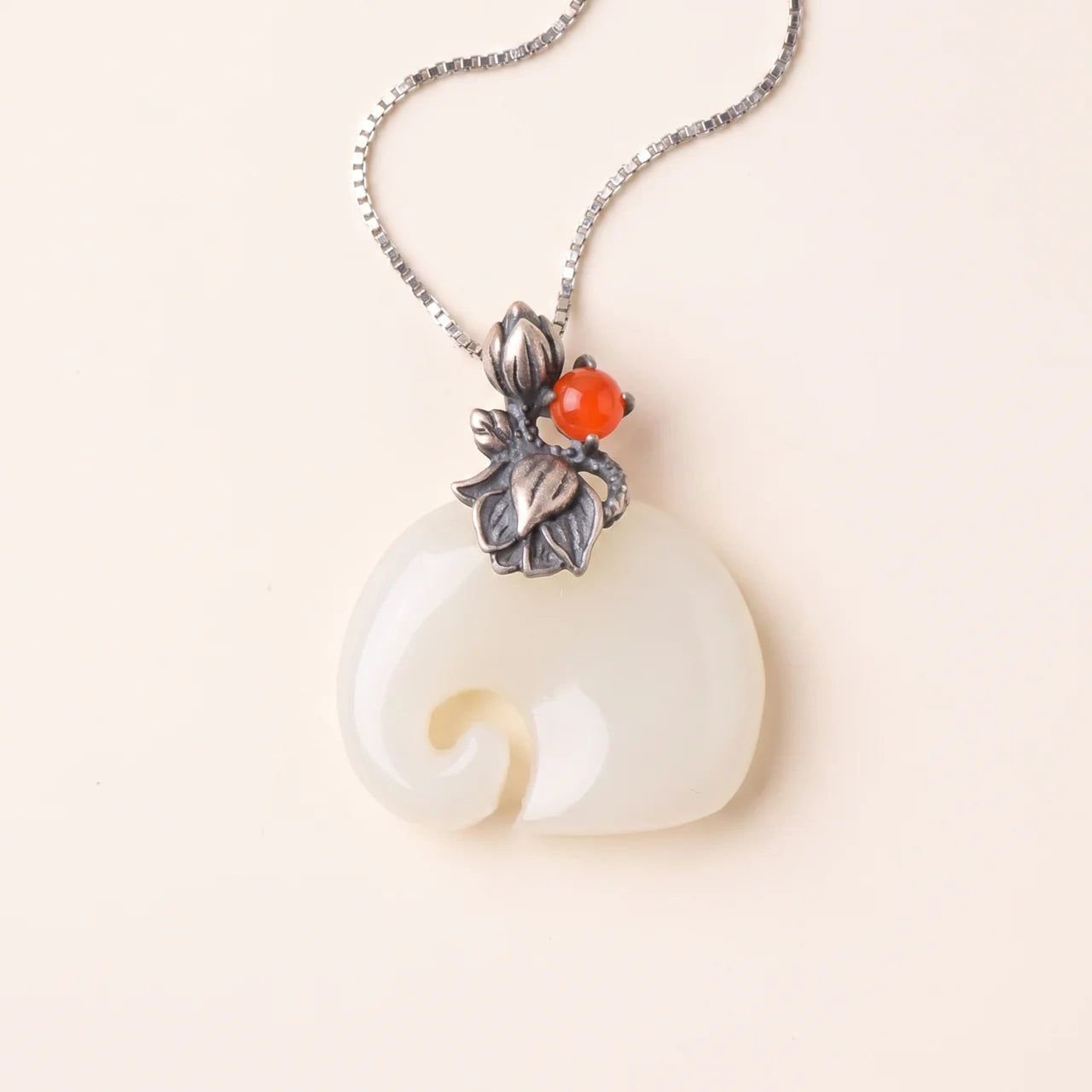 White Jade Elephant Lotus Pendant Necklace