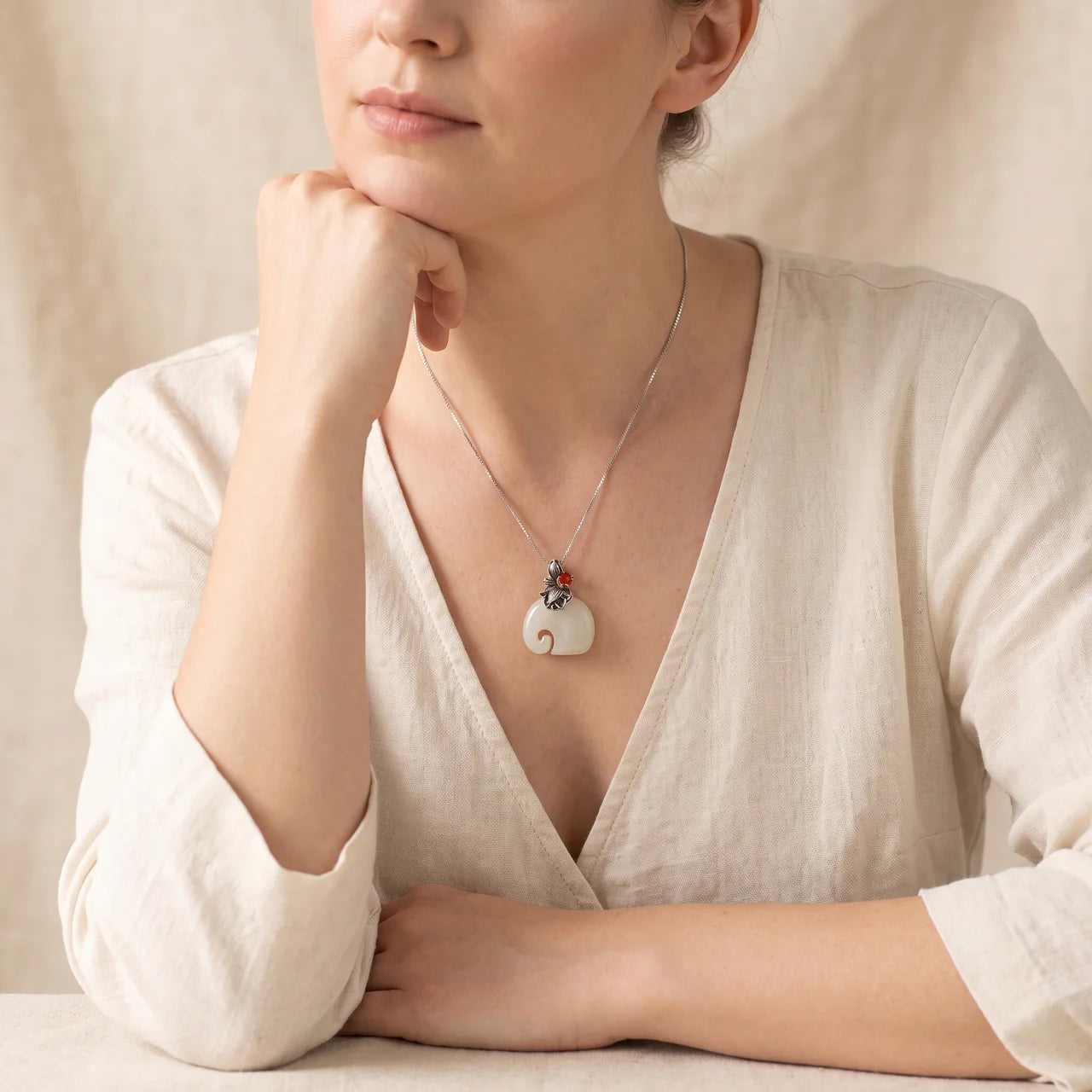 White Jade Elephant Lotus Pendant Necklace