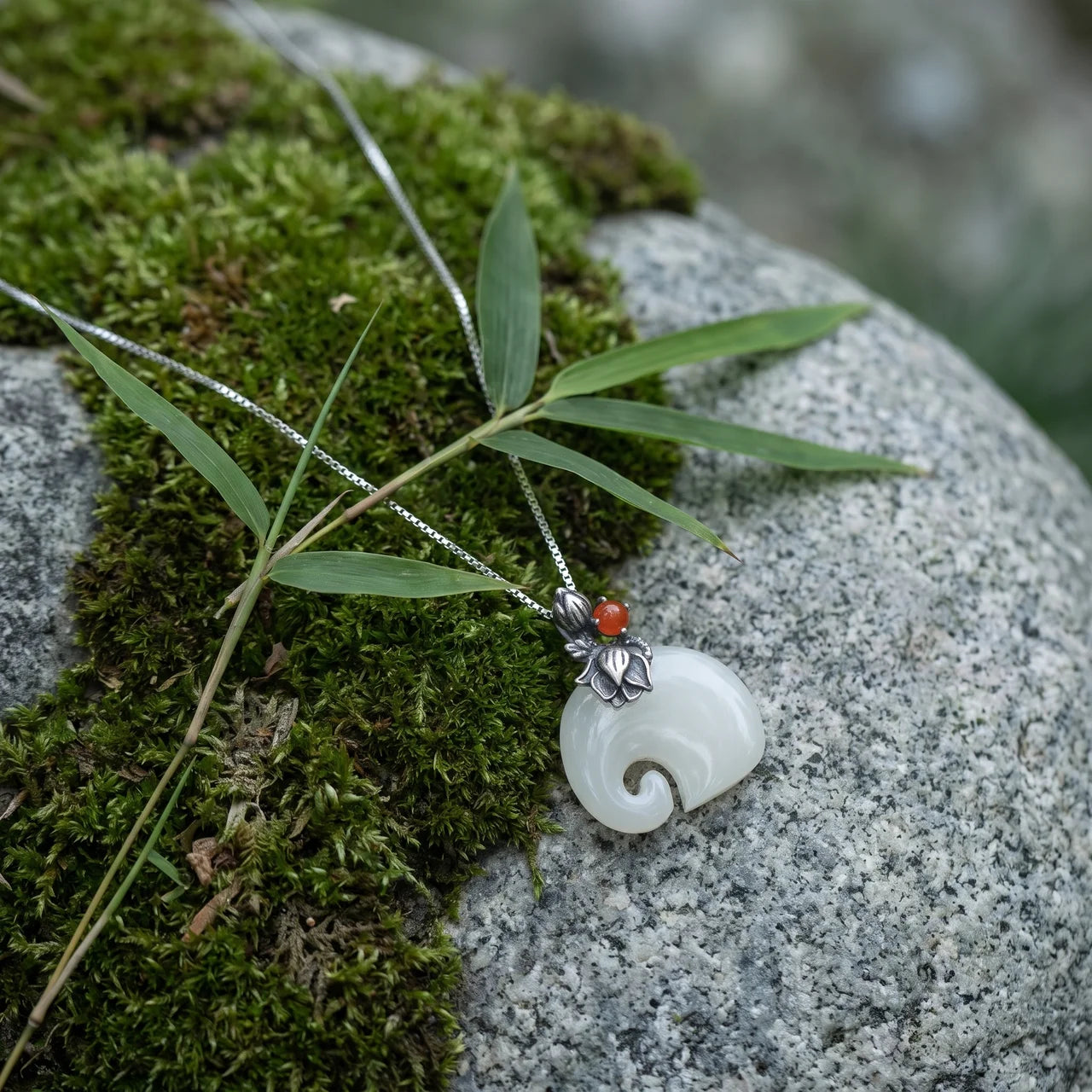 White Jade Elephant Lotus Pendant Necklace