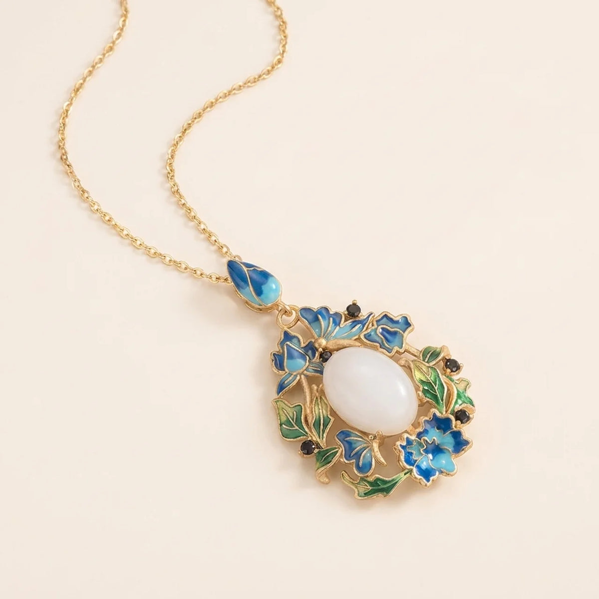 White Jade Floral Enamel Pendant Necklace