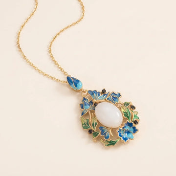 White Jade Floral Enamel Pendant Necklace