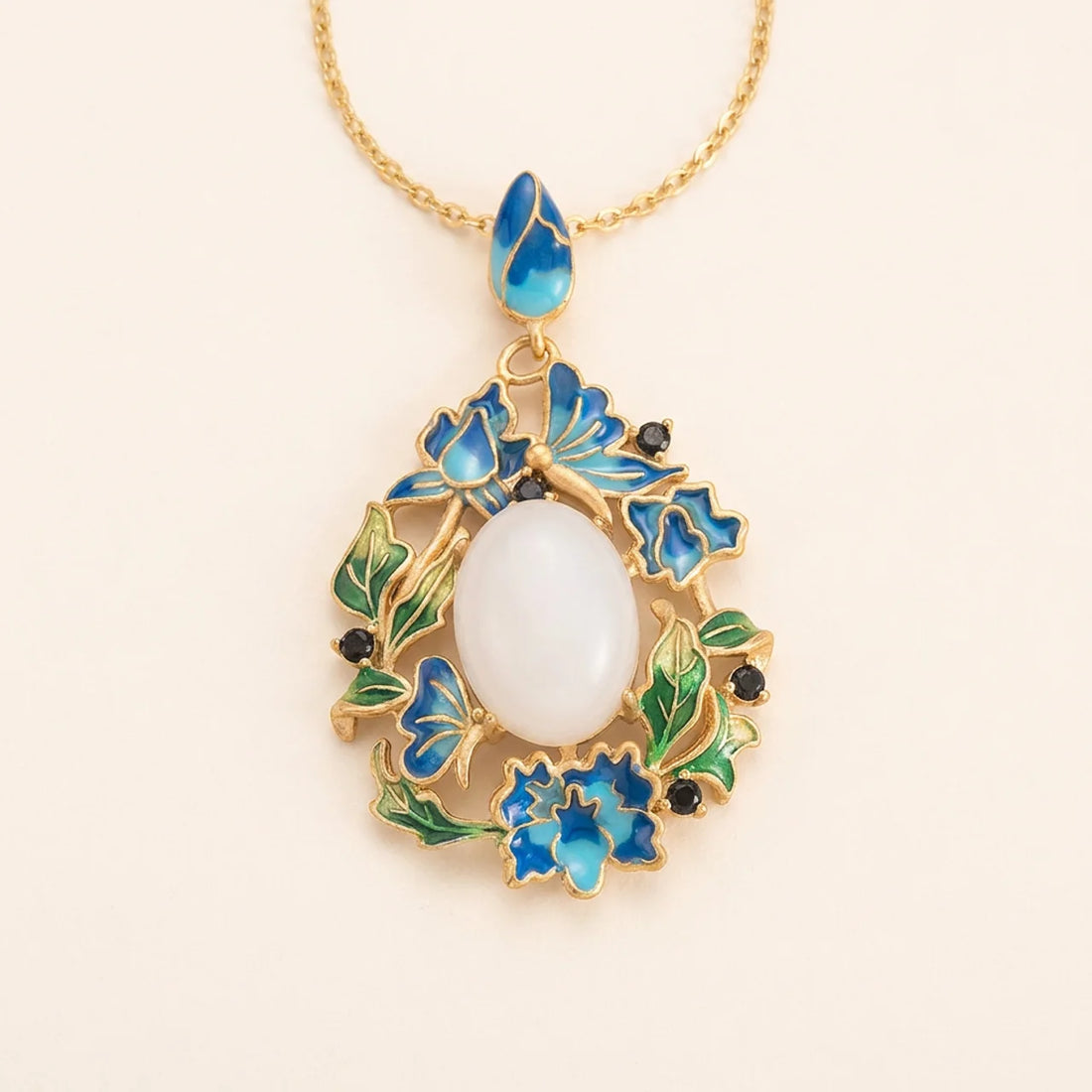 White Jade Floral Enamel Pendant Necklace