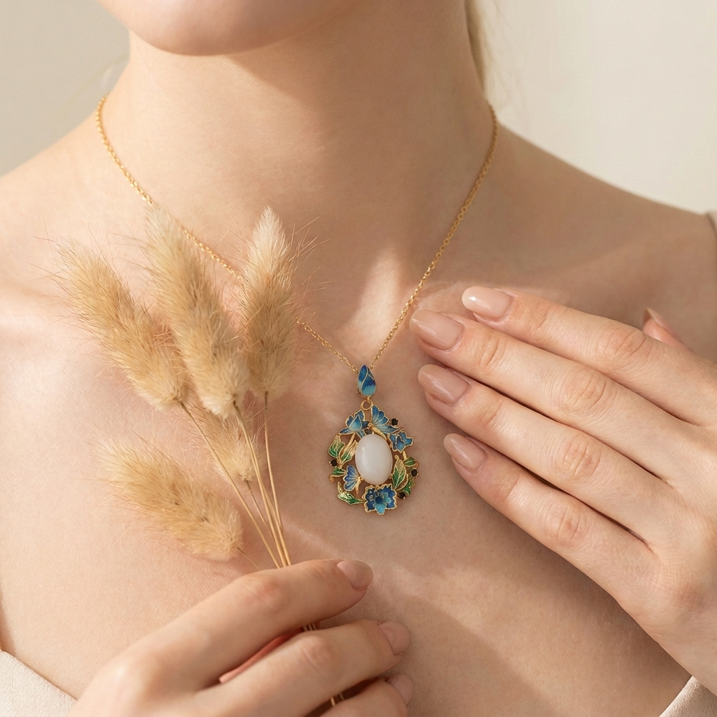 White Jade Floral Enamel Pendant Necklace
