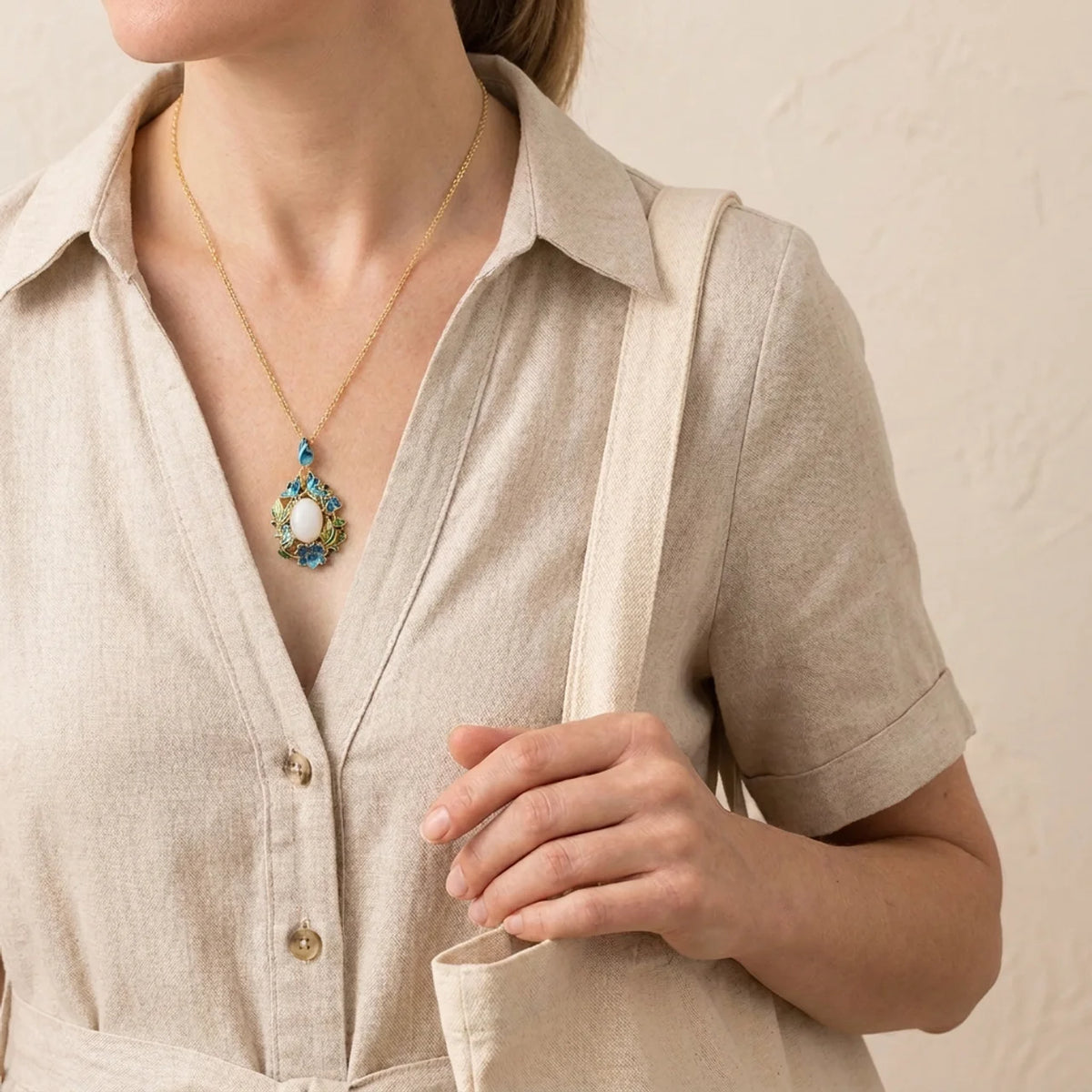 White Jade Floral Enamel Pendant Necklace