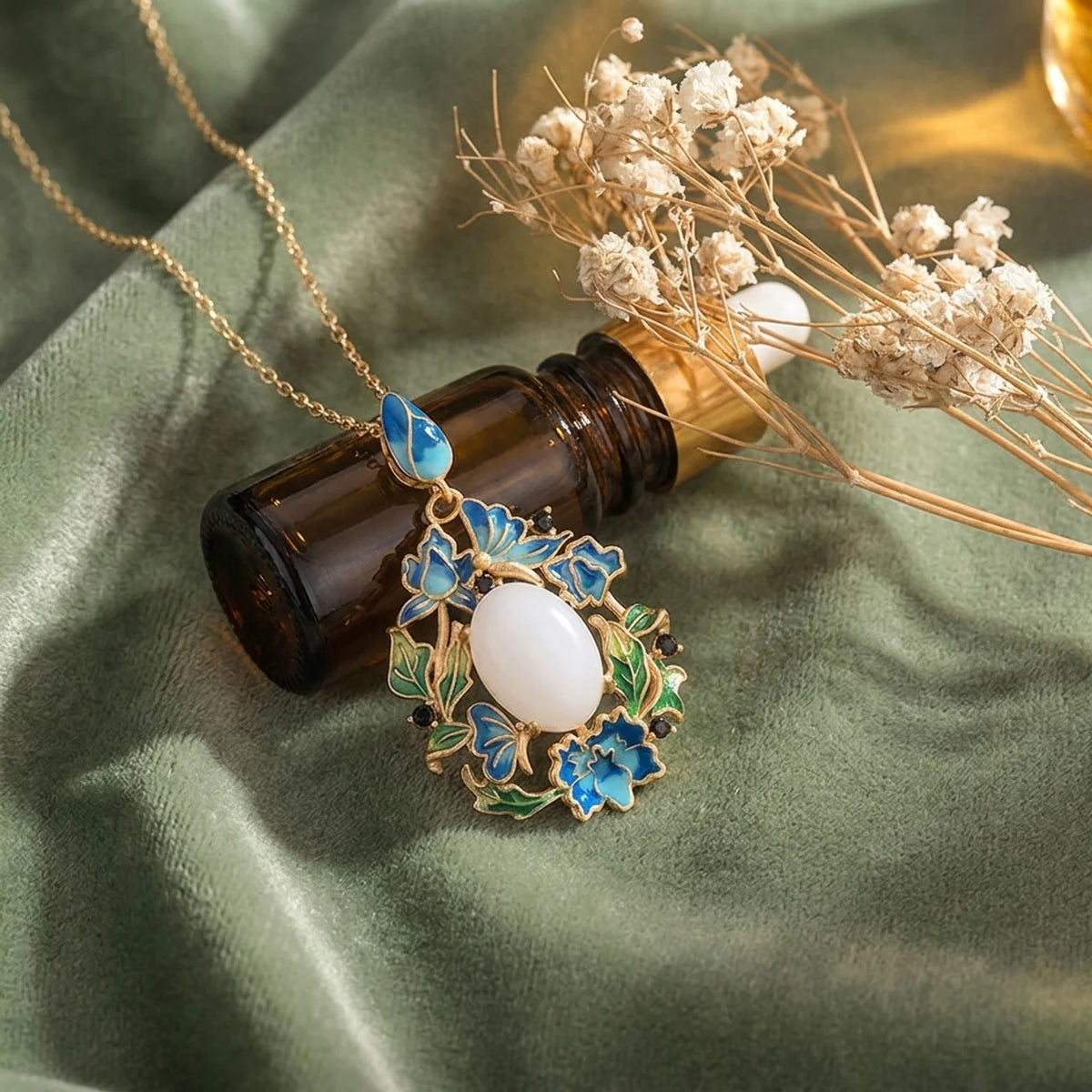 White Jade Floral Enamel Pendant Necklace