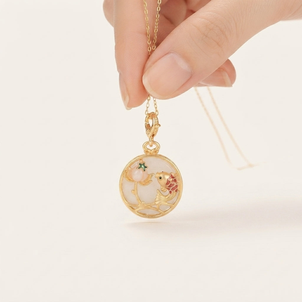 White Jade Koi Fish Lotus Pendant Necklace