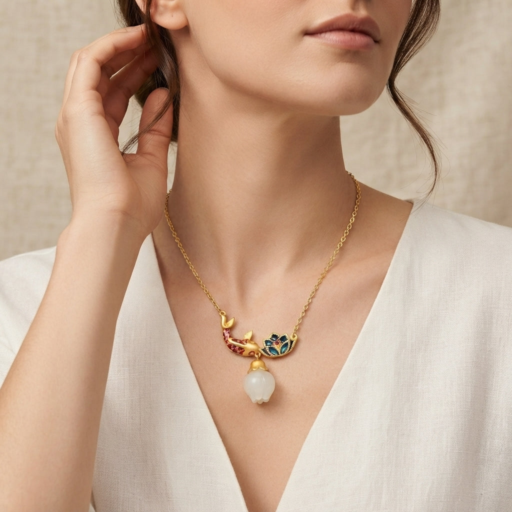 White Jade Koi Fish Lotus Pendant Necklace