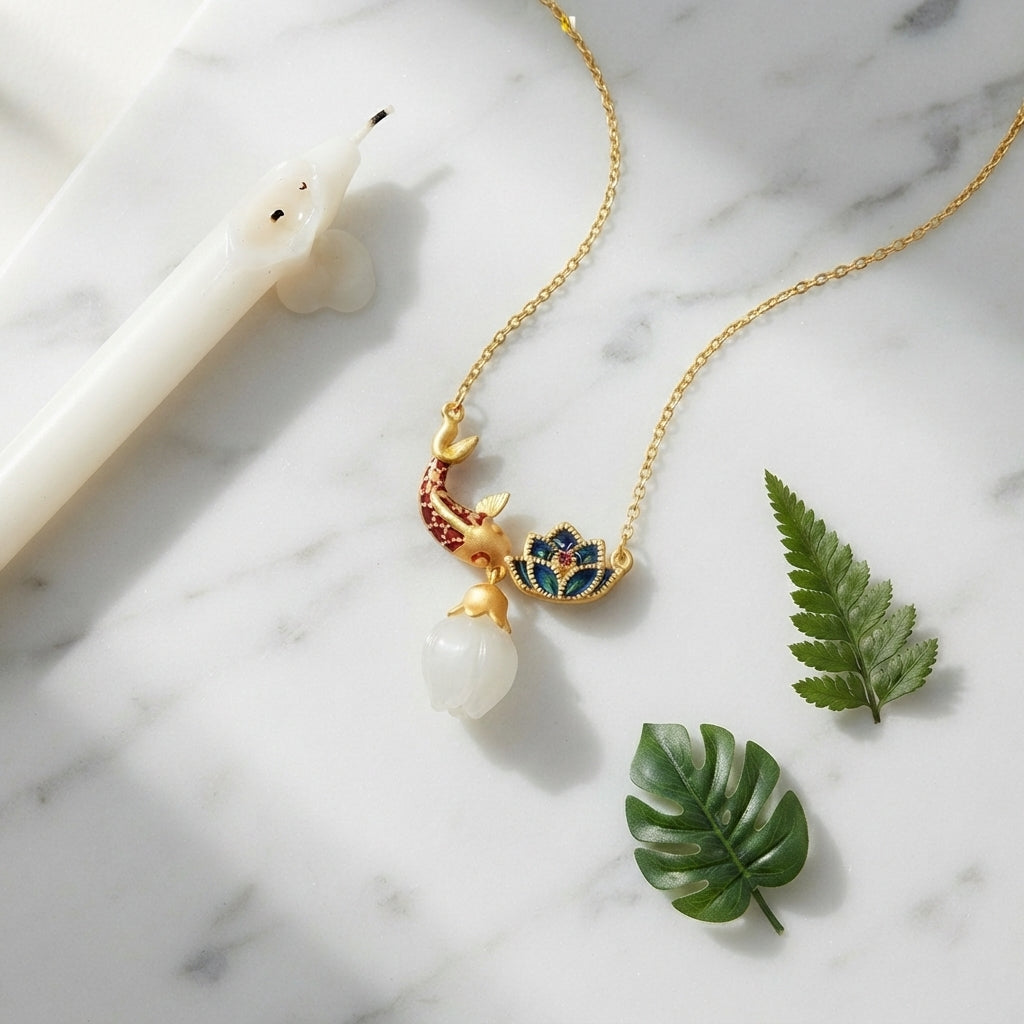 White Jade Koi Fish Lotus Pendant Necklace