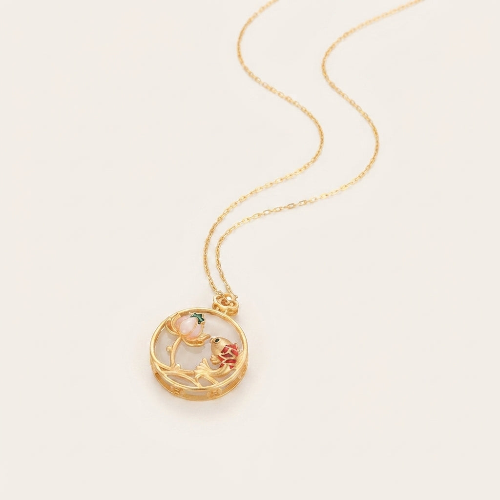 White Jade Koi Fish Lotus Pendant Necklace