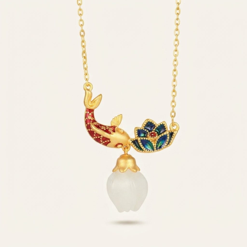 White Jade Koi Fish Lotus Pendant Necklace