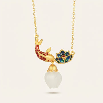 White Jade Koi Fish Lotus Pendant Necklace