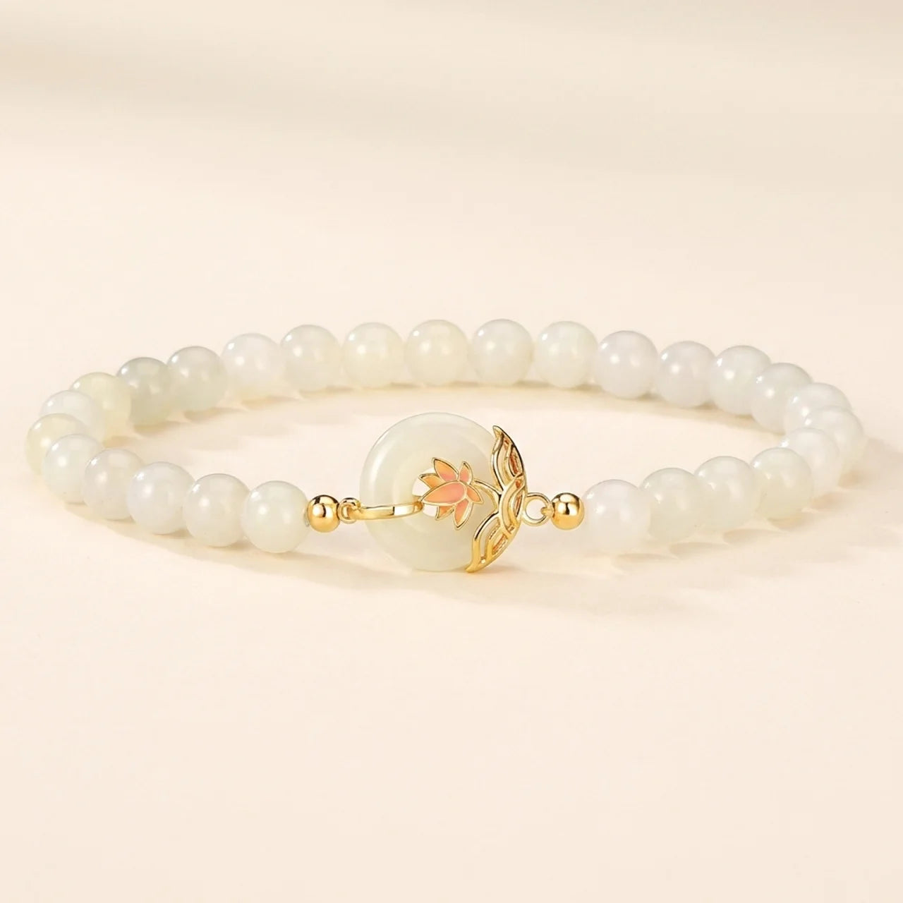 White Jade Lotus Peace Buckle Beaded Bracelet