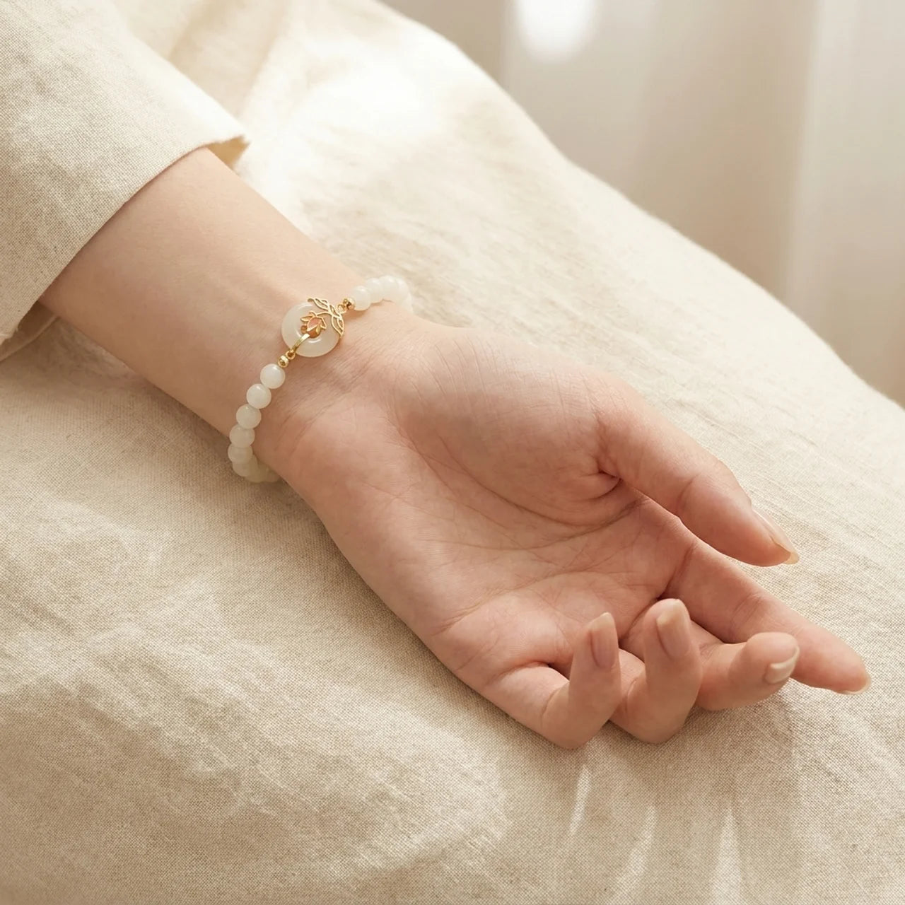 White Jade Lotus Peace Buckle Beaded Bracelet
