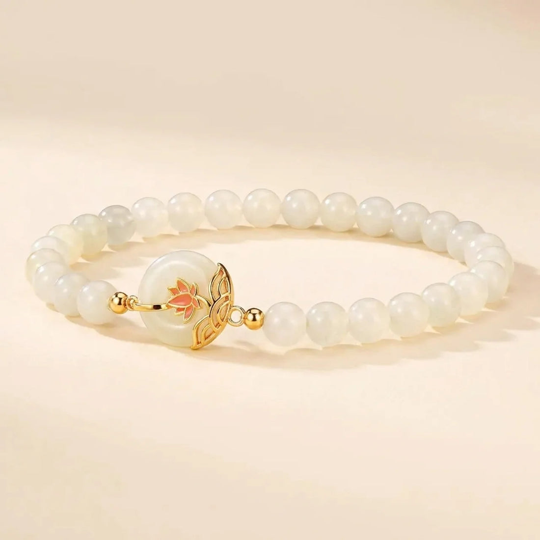 White Jade Lotus Peace Buckle Beaded Bracelet