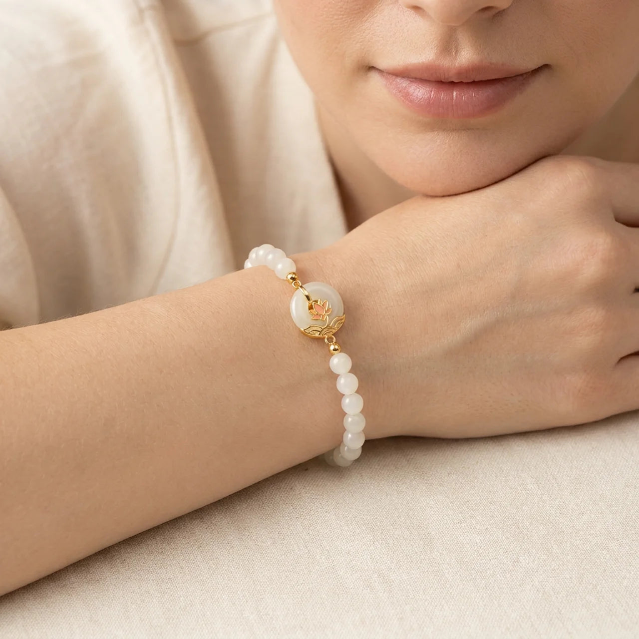 White Jade Lotus Peace Buckle Beaded Bracelet