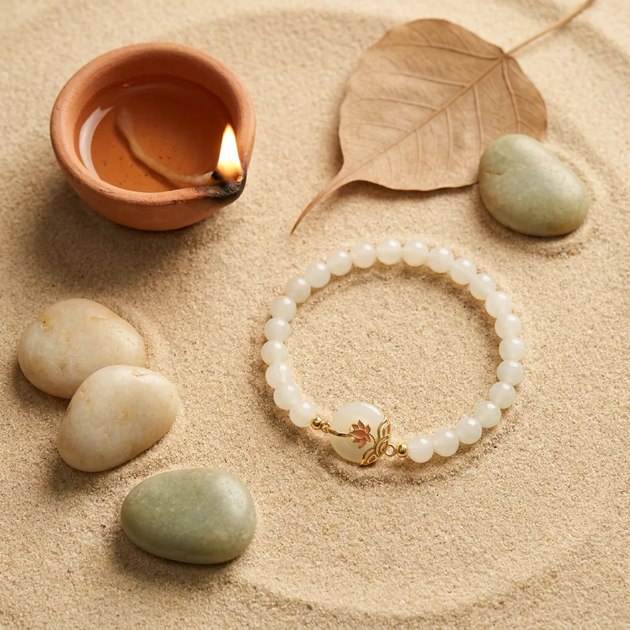 White Jade Lotus Peace Buckle Beaded Bracelet