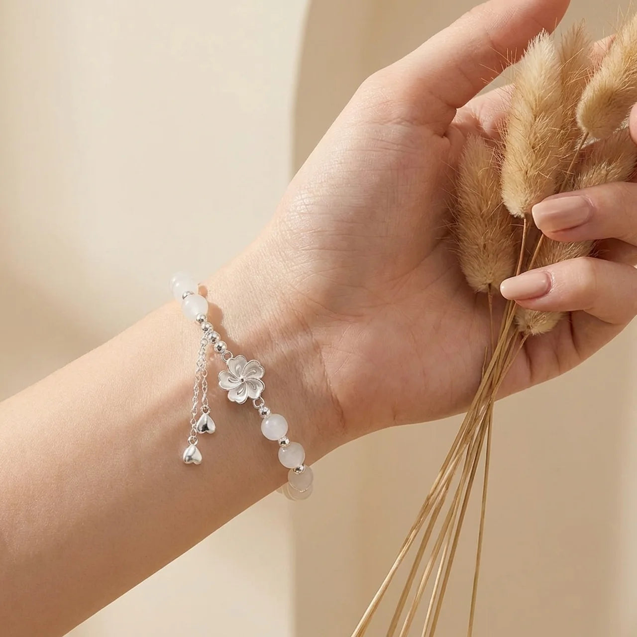 White Jade Peach Blossom Flower Bracelet