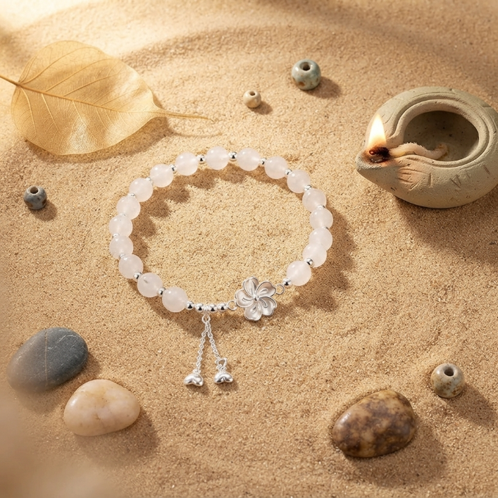 White Jade Peach Blossom Flower Bracelet