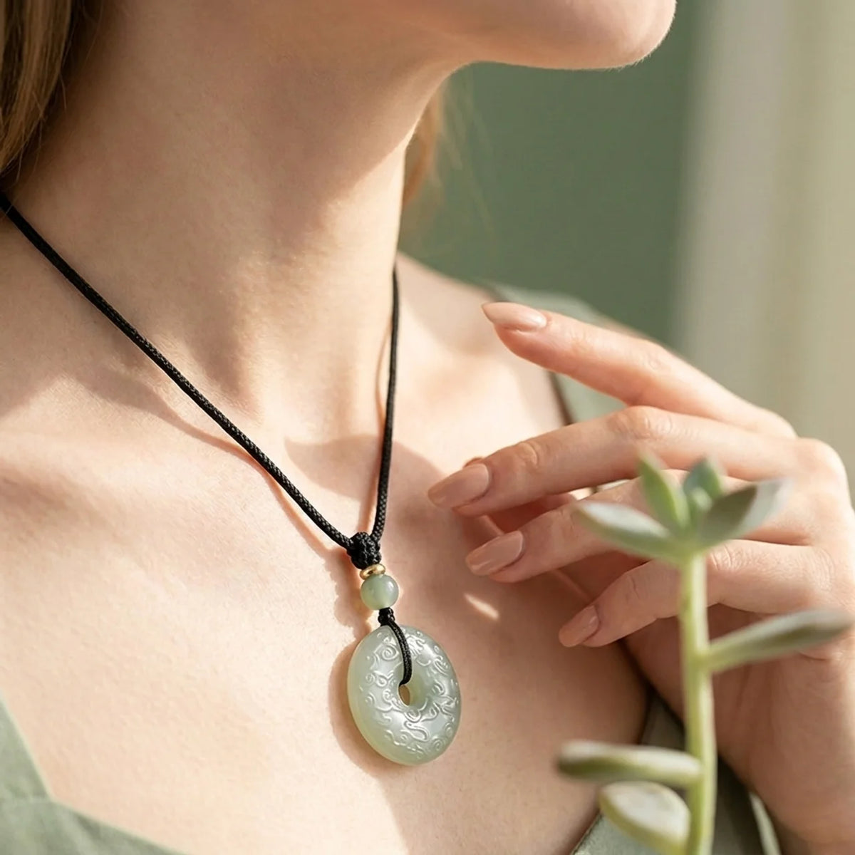 White Jade Ping An Kou Pendant Necklace