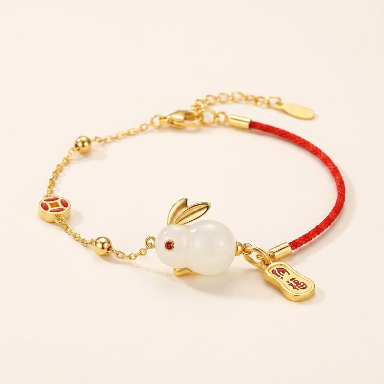 White Jade Rabbit Red String Chain Bracelet