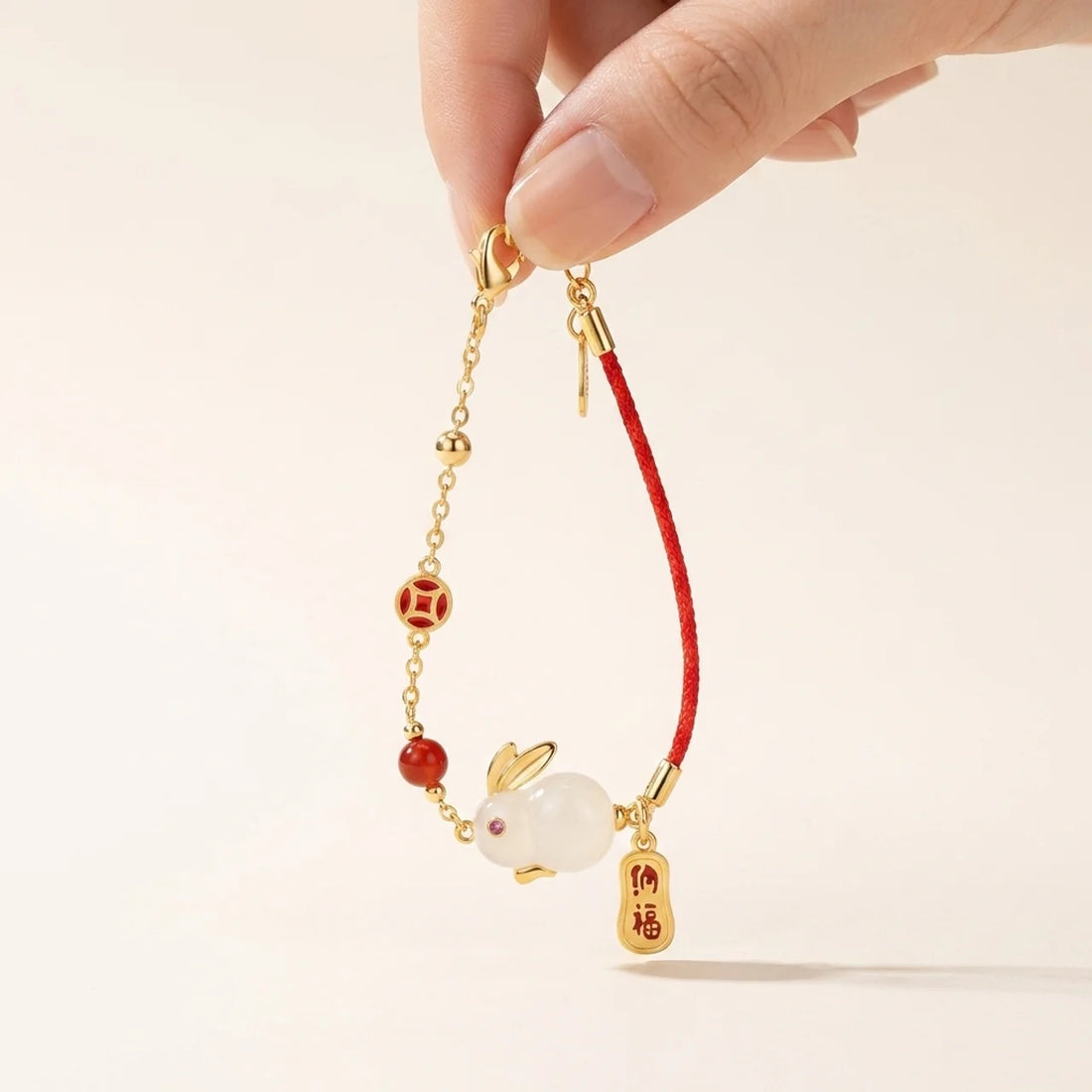 White Jade Rabbit Red String Chain Bracelet