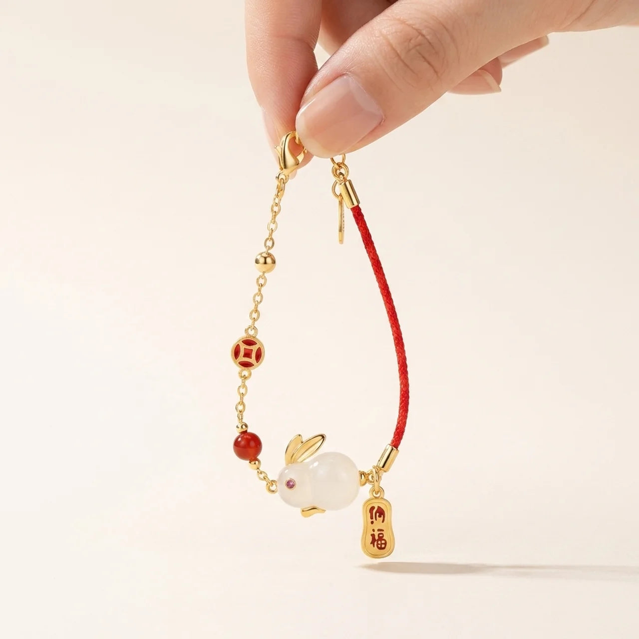 White Jade Rabbit Red String Chain Bracelet