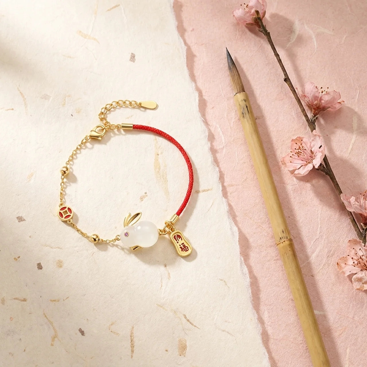 White Jade Rabbit Red String Chain Bracelet