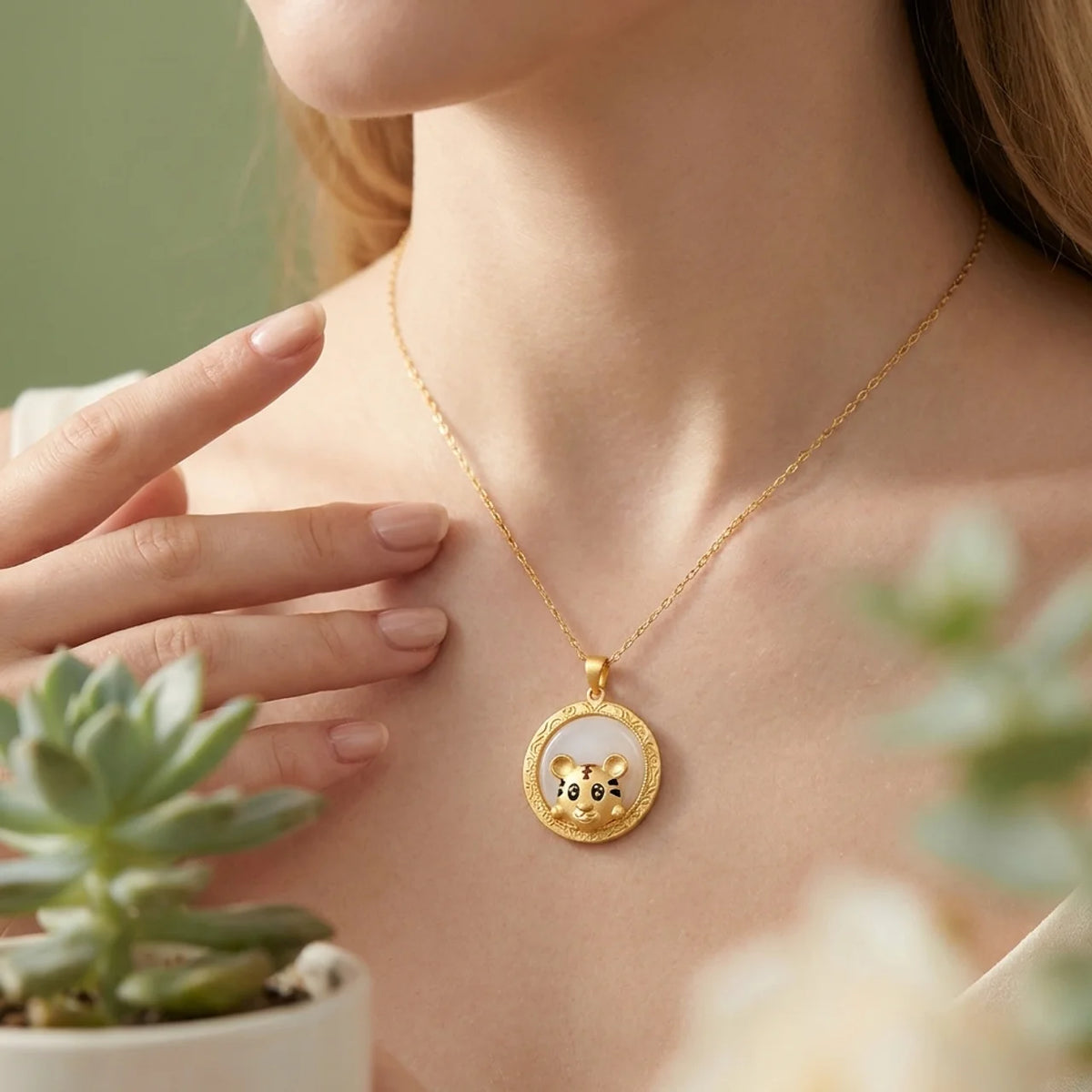 White Jade Year of the Tiger Pendant Necklace