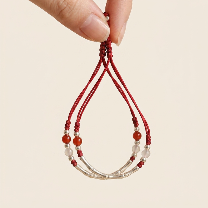 White Red Agate Bamboo Silver Bracelet