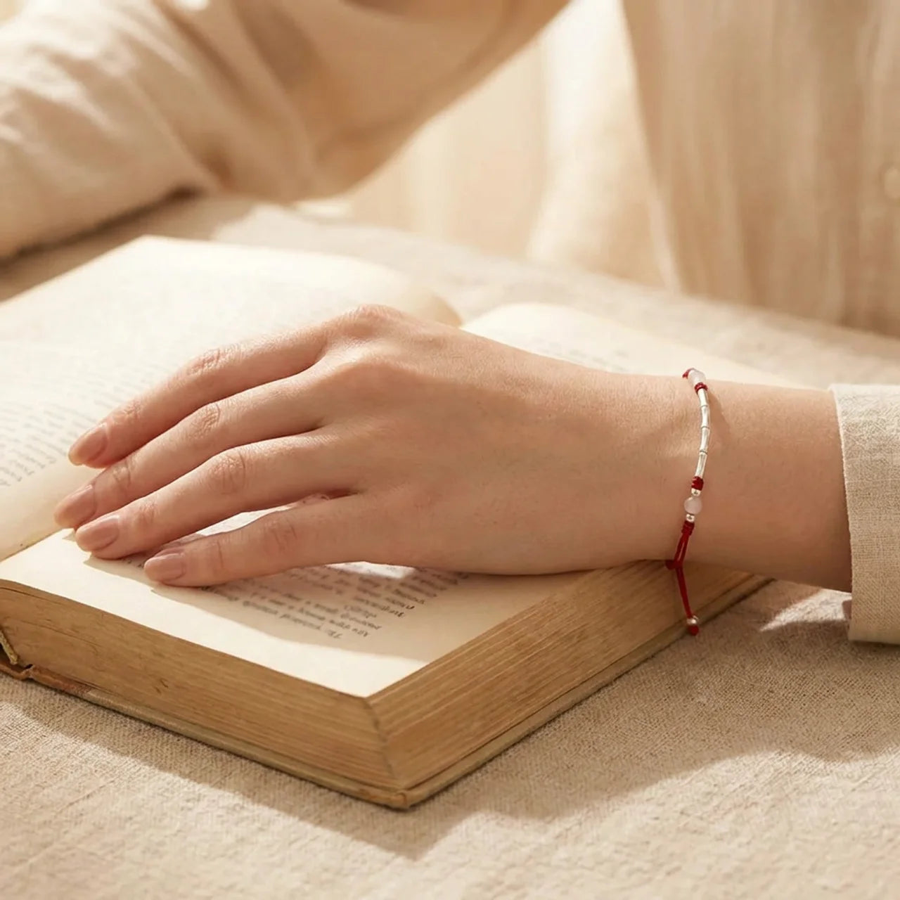 White Red Agate Bamboo Silver Bracelet