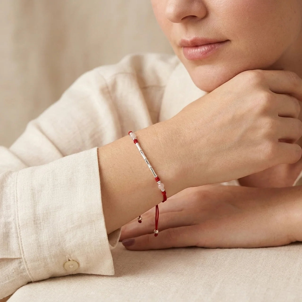 White Red Agate Bamboo Silver Bracelet