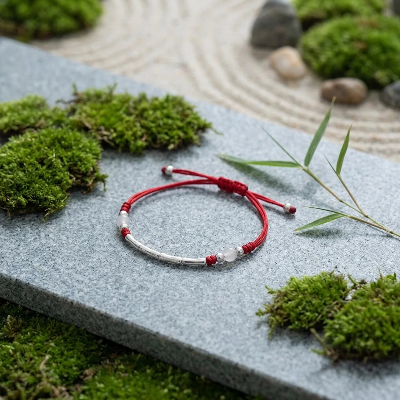 White Red Agate Bamboo Silver Bracelet