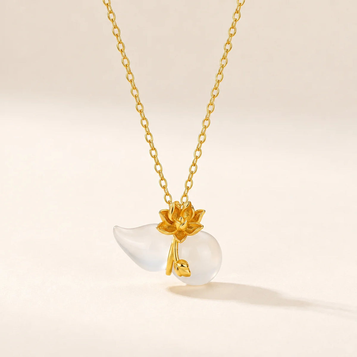 White Chalcedony Gourd Lotus Pendant Necklace